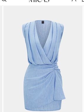 Micas Sky Blue Draped V-Neck Mini Dress